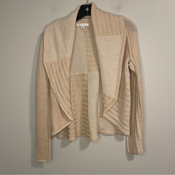 CAbi Sweaters - CAbi Sweater Small Oatmeal Open Front Circle Cardigan Patchwork Wool Blend